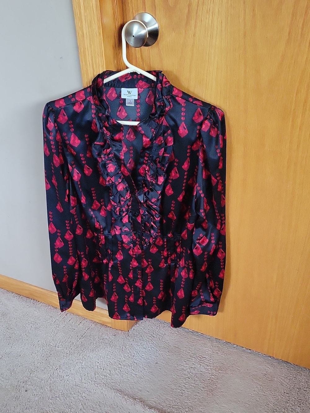 W by Worth Black & Red Ruffle Front Satin Blouse